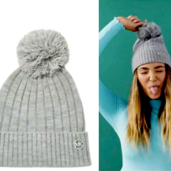Michael Kors/ MK UNISEX Ribbed Knit Pom Pom beanie style hat in Grey Sealed NWT - Picture 4 of 9